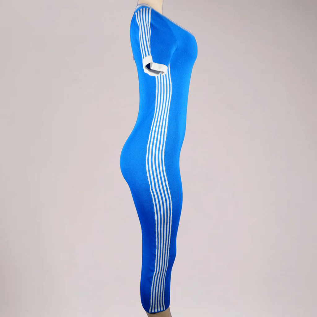 Women’s long striped knit dress- blue/wht