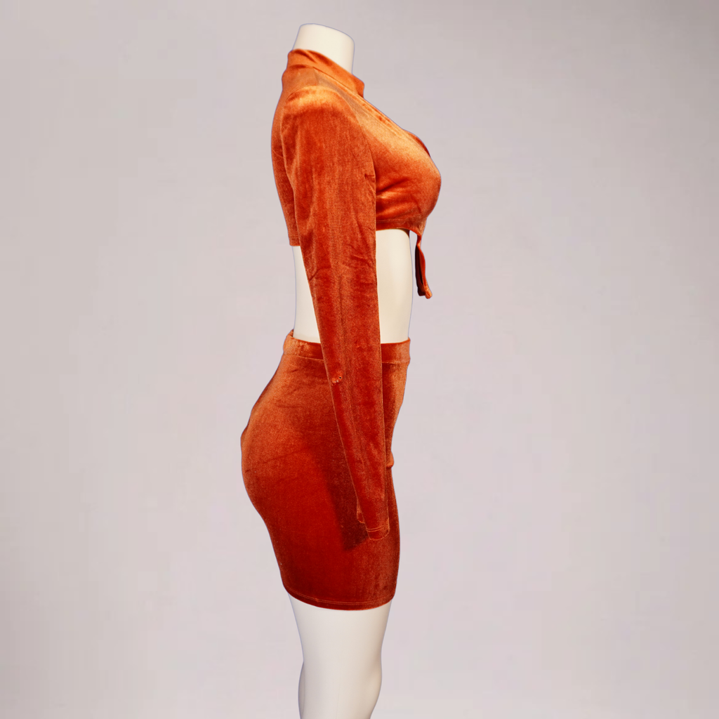 Women velvet orange 2pc-crop/skirt set