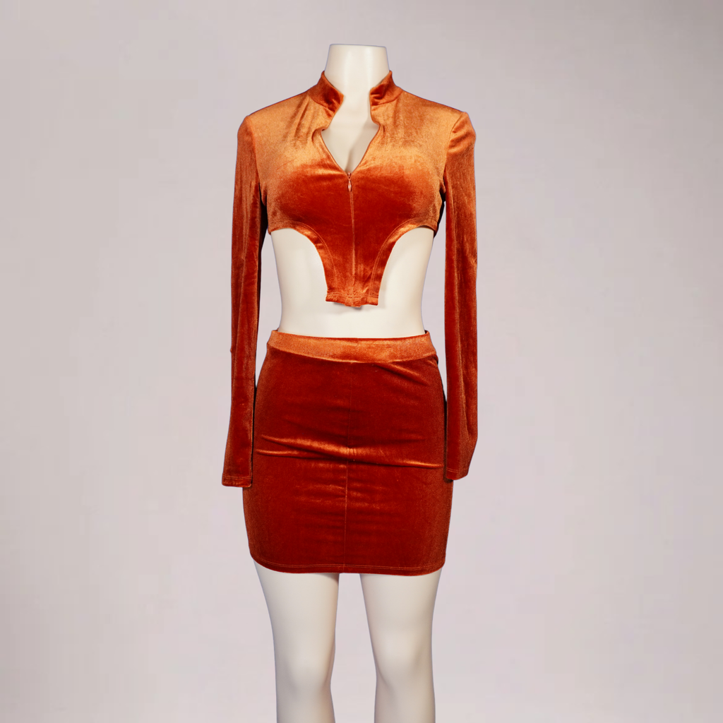 Women velvet orange 2pc-crop/skirt set