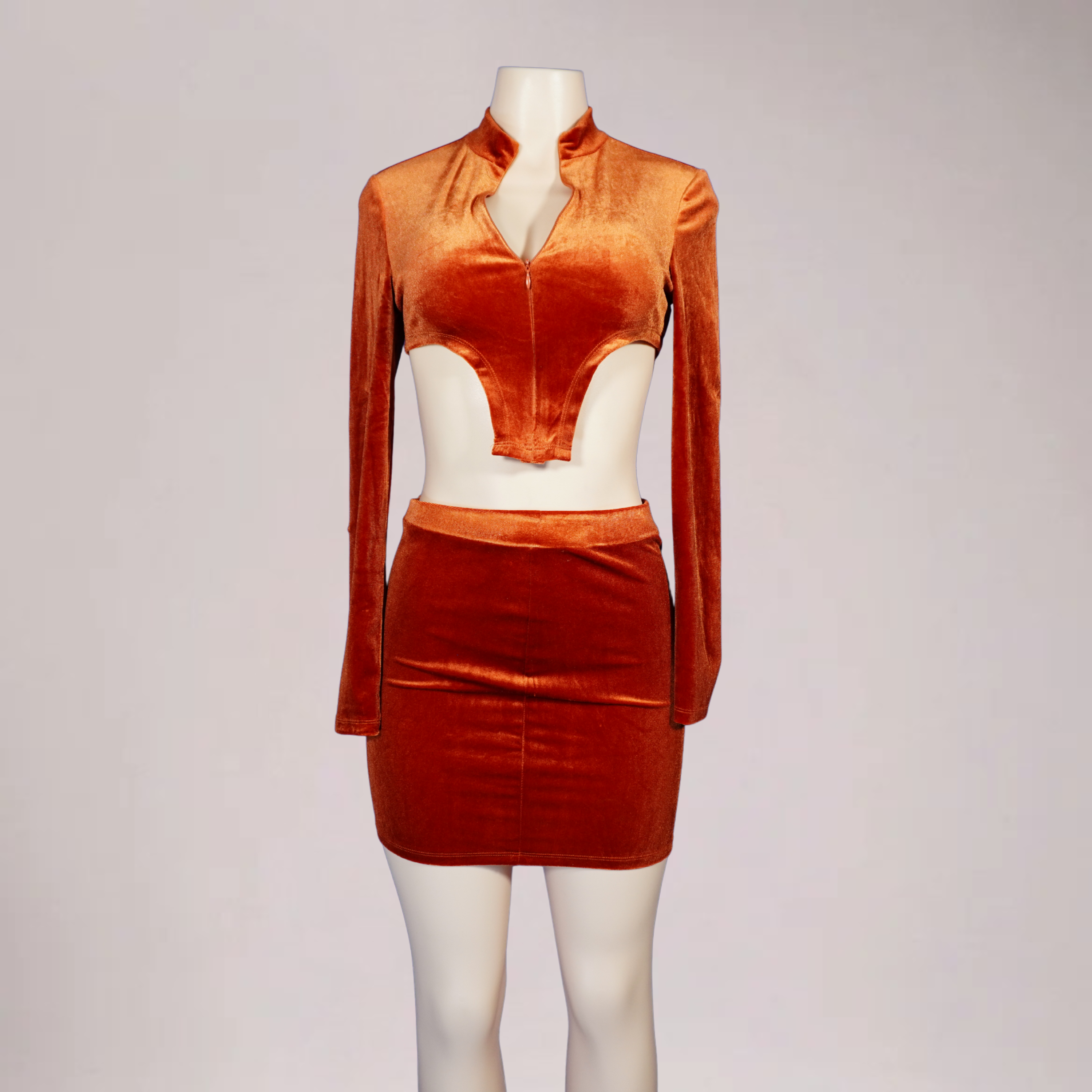 Women velvet orange 2pc-crop/skirt set